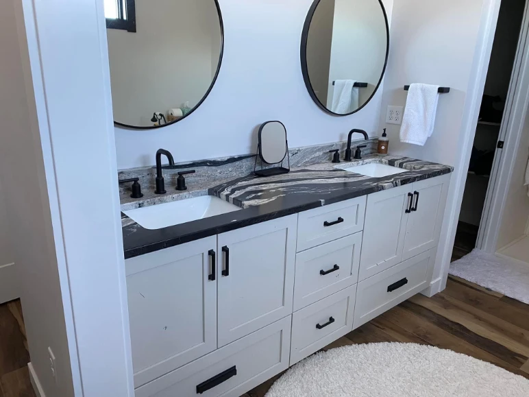Double sink bathroom countertop and cabinets